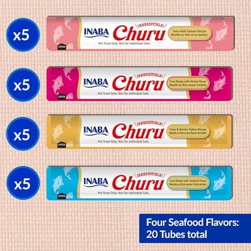 INABA Churu Cat Treats  Grain Free  Lickable  Squeezable Creamy Purée Cat Treat/Topper with Vitamin E & Taurine  0 5 Ounces Each  40 Tubes  Tuna & Seafood Variety Box