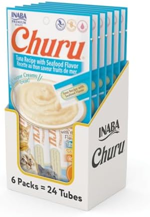 INABA Churu Cat Treats  Grain Free  Lickable  Squeezable Creamy Purée Cat Treat/Topper with Vitamin E & Taurine  0 5 Ounces Each  40 Tubes  Tuna & Seafood Variety Box