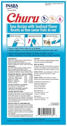 INABA Churu Cat Treats  Grain Free  Lickable  Squeezable Creamy Purée Cat Treat/Topper with Vitamin E & Taurine  0 5 Ounces Each  40 Tubes  Tuna & Seafood Variety Box