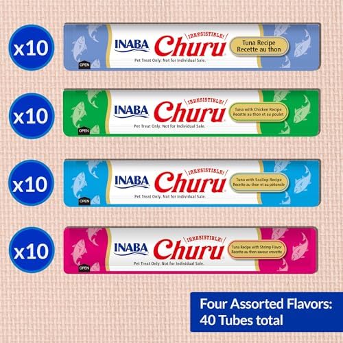 INABA Churu Cat Treats  Grain Free  Lickable  Squeezable Creamy Purée Cat Treat/Topper with Vitamin E & Taurine  0 5 Ounces Each  40 Tubes  Tuna & Seafood Variety Box
