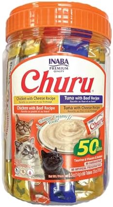 INABA Churu Cat Treats  Grain Free  Lickable  Squeezable Creamy Purée Cat Treat/Topper with Vitamin E & Taurine  0 5 Ounces Each  40 Tubes  Tuna & Seafood Variety Box
