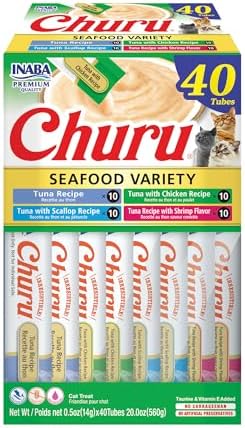 INABA Churu Cat Treats  Grain Free  Lickable  Squeezable Creamy Purée Cat Treat/Topper with Vitamin E & Taurine  0 5 Ounces Each  40 Tubes  Tuna & Seafood Variety Box