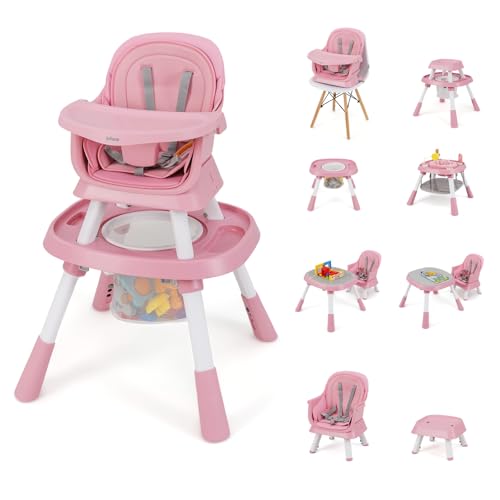 INFANS 9 in 1 High Chair  Convertible Baby Highchair for Babies and Toddlers  Table and Chair Set Building Block Infant Dining Booster Seat  Kids Stool with Activity Children Play Kitchen  Pink