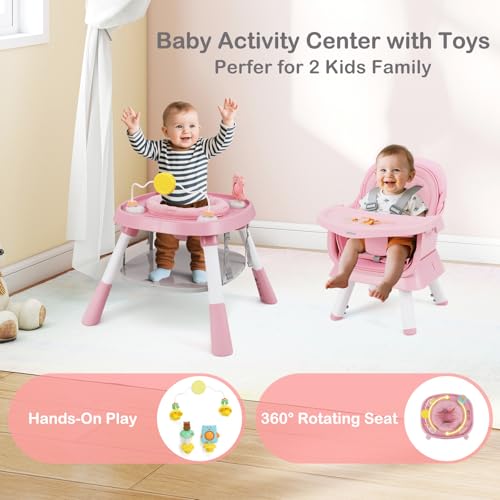 INFANS 9 in 1 High Chair  Convertible Baby Highchair for Babies and Toddlers  Table and Chair Set Building Block Infant Dining Booster Seat  Kids Stool with Activity Children Play Kitchen  Pink