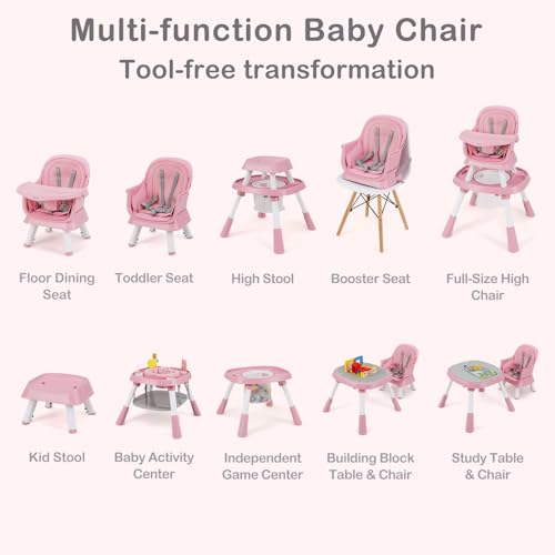 INFANS 9 in 1 High Chair  Convertible Baby Highchair for Babies and Toddlers  Table and Chair Set Building Block Infant Dining Booster Seat  Kids Stool with Activity Children Play Kitchen  Pink