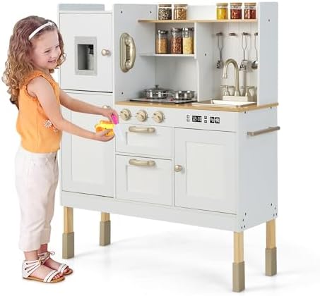 INFANS Kid Kitchen Playset  Toddler Wooden Pretend Cooking Set with Realistic Light & Sound  Stove  Sink  Microwave  Storage Cabinet  Play Kitchen Toy Set for Children Boys Girls