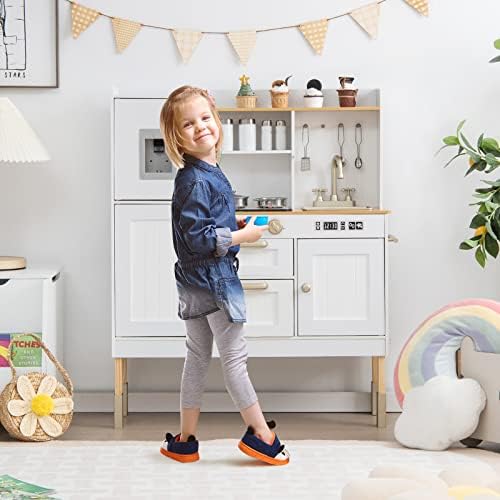 INFANS Kid Kitchen Playset  Toddler Wooden Pretend Cooking Set with Realistic Light & Sound  Stove  Sink  Microwave  Storage Cabinet  Play Kitchen Toy Set for Children Boys Girls