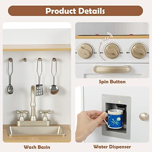 INFANS Kid Kitchen Playset  Toddler Wooden Pretend Cooking Set with Realistic Light & Sound  Stove  Sink  Microwave  Storage Cabinet  Play Kitchen Toy Set for Children Boys Girls