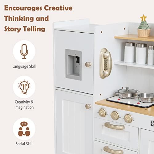 INFANS Kid Kitchen Playset  Toddler Wooden Pretend Cooking Set with Realistic Light & Sound  Stove  Sink  Microwave  Storage Cabinet  Play Kitchen Toy Set for Children Boys Girls
