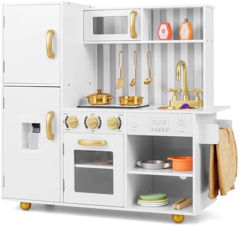 INFANS Kid Kitchen Playset  Toddler Wooden Pretend Cooking Set with Realistic Light & Sound  Stove  Sink  Microwave  Storage Cabinet  Play Kitchen Toy Set for Children Boys Girls