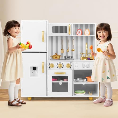 INFANS Kid Kitchen Playset  Toddler Wooden Pretend Cooking Set with Realistic Light & Sound  Stove  Sink  Microwave  Storage Cabinet  Play Kitchen Toy Set for Children Boys Girls