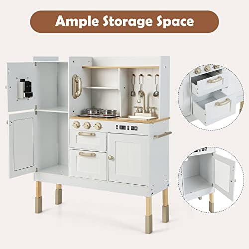 INFANS Kid Kitchen Playset  Toddler Wooden Pretend Cooking Set with Realistic Light & Sound  Stove  Sink  Microwave  Storage Cabinet  Play Kitchen Toy Set for Children Boys Girls