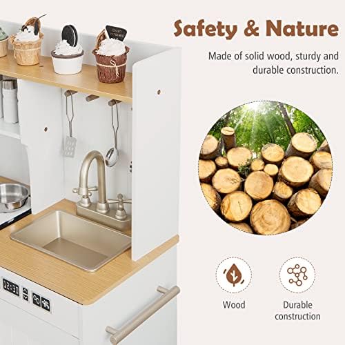 INFANS Kid Kitchen Playset  Toddler Wooden Pretend Cooking Set with Realistic Light & Sound  Stove  Sink  Microwave  Storage Cabinet  Play Kitchen Toy Set for Children Boys Girls