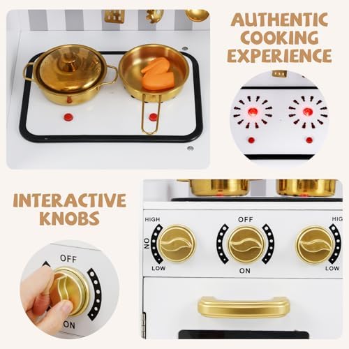 INFANS Kid Kitchen Playset  Toddler Wooden Pretend Cooking Set with Realistic Light & Sound  Stove  Sink  Microwave  Storage Cabinet  Play Kitchen Toy Set for Children Boys Girls