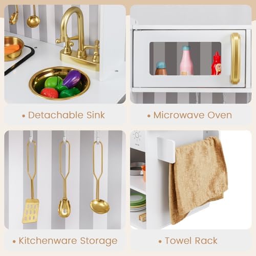INFANS Kid Kitchen Playset  Toddler Wooden Pretend Cooking Set with Realistic Light & Sound  Stove  Sink  Microwave  Storage Cabinet  Play Kitchen Toy Set for Children Boys Girls