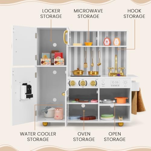 INFANS Kid Kitchen Playset  Toddler Wooden Pretend Cooking Set with Realistic Light & Sound  Stove  Sink  Microwave  Storage Cabinet  Play Kitchen Toy Set for Children Boys Girls