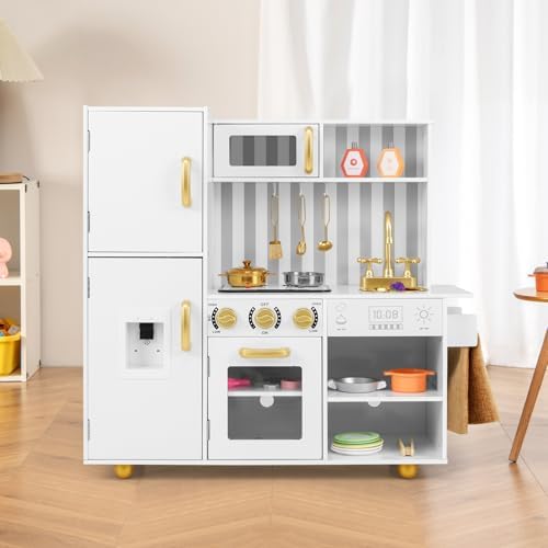 INFANS Kid Kitchen Playset  Toddler Wooden Pretend Cooking Set with Realistic Light & Sound  Stove  Sink  Microwave  Storage Cabinet  Play Kitchen Toy Set for Children Boys Girls