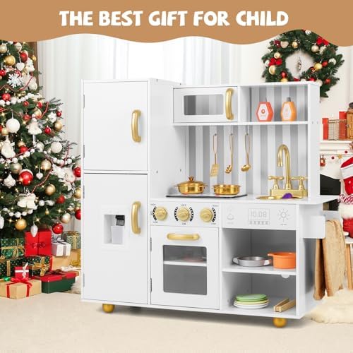 INFANS Kid Kitchen Playset  Toddler Wooden Pretend Cooking Set with Realistic Light & Sound  Stove  Sink  Microwave  Storage Cabinet  Play Kitchen Toy Set for Children Boys Girls