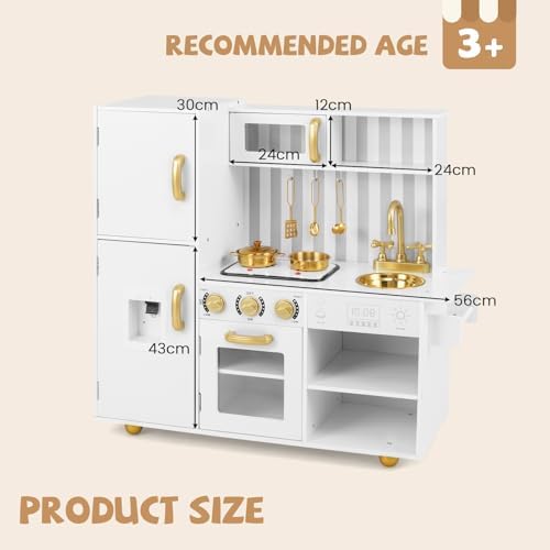 INFANS Kid Kitchen Playset  Toddler Wooden Pretend Cooking Set with Realistic Light & Sound  Stove  Sink  Microwave  Storage Cabinet  Play Kitchen Toy Set for Children Boys Girls