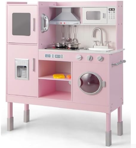 INFANS Kid Kitchen Playset  Toddler Wooden Pretend Cooking Set with Realistic Light & Sound  Stove  Sink  Microwave  Storage Cabinet  Play Kitchen Toy Set for Children Boys Girls