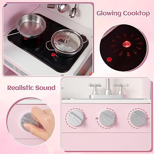 INFANS Kid Kitchen Playset  Toddler Wooden Pretend Cooking Set with Realistic Light & Sound  Stove  Sink  Microwave  Storage Cabinet  Play Kitchen Toy Set for Children Boys Girls