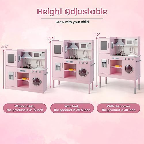 INFANS Kid Kitchen Playset  Toddler Wooden Pretend Cooking Set with Realistic Light & Sound  Stove  Sink  Microwave  Storage Cabinet  Play Kitchen Toy Set for Children Boys Girls