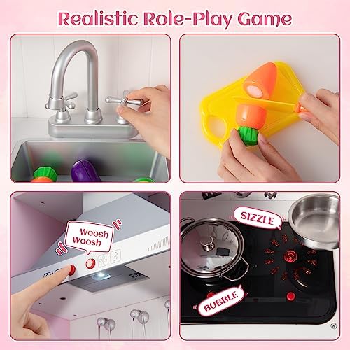 INFANS Kid Kitchen Playset  Toddler Wooden Pretend Cooking Set with Realistic Light & Sound  Stove  Sink  Microwave  Storage Cabinet  Play Kitchen Toy Set for Children Boys Girls