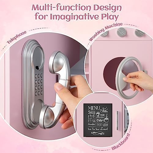 INFANS Kid Kitchen Playset  Toddler Wooden Pretend Cooking Set with Realistic Light & Sound  Stove  Sink  Microwave  Storage Cabinet  Play Kitchen Toy Set for Children Boys Girls