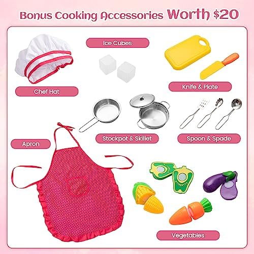 INFANS Kid Kitchen Playset  Toddler Wooden Pretend Cooking Set with Realistic Light & Sound  Stove  Sink  Microwave  Storage Cabinet  Play Kitchen Toy Set for Children Boys Girls