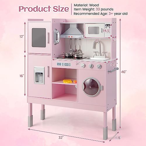 INFANS Kid Kitchen Playset  Toddler Wooden Pretend Cooking Set with Realistic Light & Sound  Stove  Sink  Microwave  Storage Cabinet  Play Kitchen Toy Set for Children Boys Girls