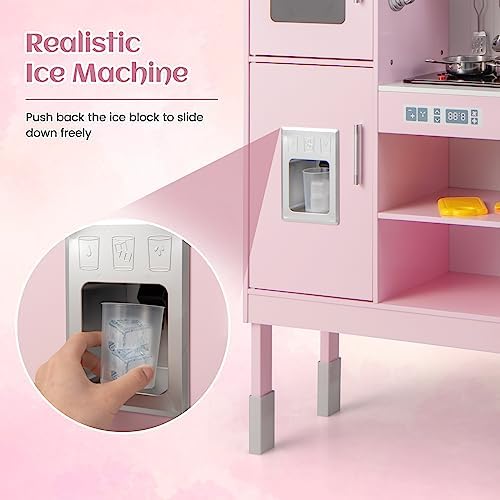 INFANS Kid Kitchen Playset  Toddler Wooden Pretend Cooking Set with Realistic Light & Sound  Stove  Sink  Microwave  Storage Cabinet  Play Kitchen Toy Set for Children Boys Girls