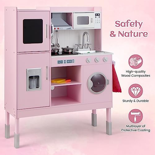 INFANS Kid Kitchen Playset  Toddler Wooden Pretend Cooking Set with Realistic Light & Sound  Stove  Sink  Microwave  Storage Cabinet  Play Kitchen Toy Set for Children Boys Girls