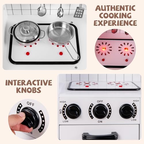 INFANS Kid Kitchen Playset  Toddler Wooden Pretend Cooking Set with Realistic Light & Sound  Stove  Sink  Microwave  Storage Cabinet  Play Kitchen Toy Set for Children Boys Girls