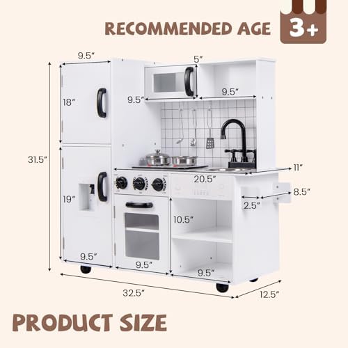 INFANS Kid Kitchen Playset  Toddler Wooden Pretend Cooking Set with Realistic Light & Sound  Stove  Sink  Microwave  Storage Cabinet  Play Kitchen Toy Set for Children Boys Girls