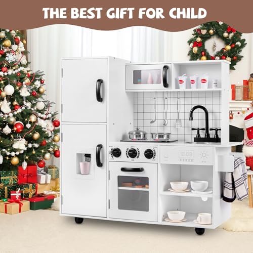 INFANS Kid Kitchen Playset  Toddler Wooden Pretend Cooking Set with Realistic Light & Sound  Stove  Sink  Microwave  Storage Cabinet  Play Kitchen Toy Set for Children Boys Girls