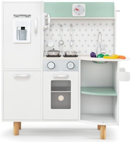 INFANS Kid Kitchen Playset  Toddler Wooden Pretend Cooking Set with Realistic Light & Sound  Stove  Sink  Microwave  Storage Cabinet  Play Kitchen Toy Set for Children Boys Girls