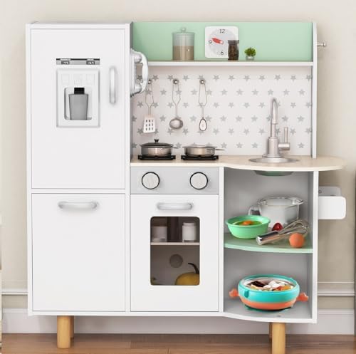 INFANS Kid Kitchen Playset  Toddler Wooden Pretend Cooking Set with Realistic Light & Sound  Stove  Sink  Microwave  Storage Cabinet  Play Kitchen Toy Set for Children Boys Girls