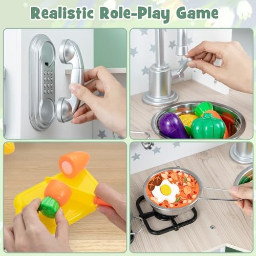 INFANS Kid Kitchen Playset  Toddler Wooden Pretend Cooking Set with Realistic Light & Sound  Stove  Sink  Microwave  Storage Cabinet  Play Kitchen Toy Set for Children Boys Girls