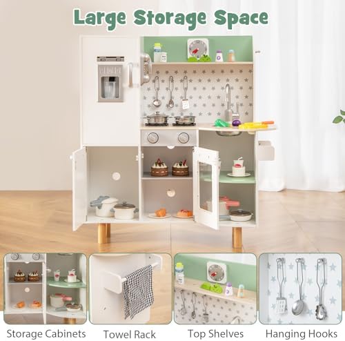 INFANS Kid Kitchen Playset  Toddler Wooden Pretend Cooking Set with Realistic Light & Sound  Stove  Sink  Microwave  Storage Cabinet  Play Kitchen Toy Set for Children Boys Girls