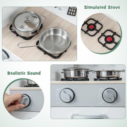 INFANS Kid Kitchen Playset  Toddler Wooden Pretend Cooking Set with Realistic Light & Sound  Stove  Sink  Microwave  Storage Cabinet  Play Kitchen Toy Set for Children Boys Girls