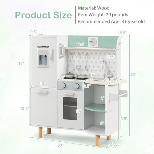 INFANS Kid Kitchen Playset  Toddler Wooden Pretend Cooking Set with Realistic Light & Sound  Stove  Sink  Microwave  Storage Cabinet  Play Kitchen Toy Set for Children Boys Girls