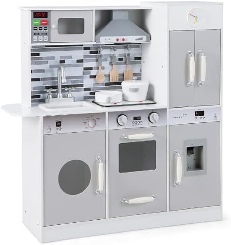 INFANS Kid Kitchen Playset  Toddler Wooden Pretend Cooking Set with Realistic Light & Sound  Stove  Sink  Microwave  Storage Cabinet  Play Kitchen Toy Set for Children Boys Girls