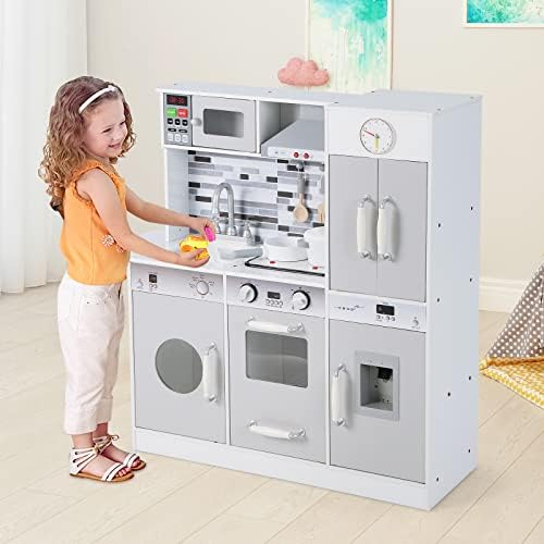 INFANS Kid Kitchen Playset  Toddler Wooden Pretend Cooking Set with Realistic Light & Sound  Stove  Sink  Microwave  Storage Cabinet  Play Kitchen Toy Set for Children Boys Girls