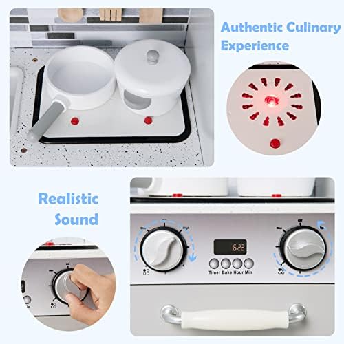 INFANS Kid Kitchen Playset  Toddler Wooden Pretend Cooking Set with Realistic Light & Sound  Stove  Sink  Microwave  Storage Cabinet  Play Kitchen Toy Set for Children Boys Girls