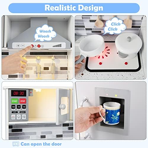 INFANS Kid Kitchen Playset  Toddler Wooden Pretend Cooking Set with Realistic Light & Sound  Stove  Sink  Microwave  Storage Cabinet  Play Kitchen Toy Set for Children Boys Girls