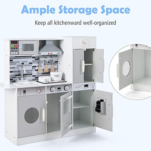 INFANS Kid Kitchen Playset  Toddler Wooden Pretend Cooking Set with Realistic Light & Sound  Stove  Sink  Microwave  Storage Cabinet  Play Kitchen Toy Set for Children Boys Girls