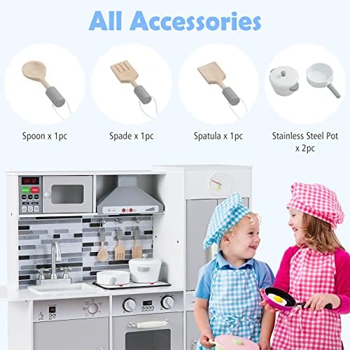 INFANS Kid Kitchen Playset  Toddler Wooden Pretend Cooking Set with Realistic Light & Sound  Stove  Sink  Microwave  Storage Cabinet  Play Kitchen Toy Set for Children Boys Girls