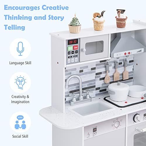 INFANS Kid Kitchen Playset  Toddler Wooden Pretend Cooking Set with Realistic Light & Sound  Stove  Sink  Microwave  Storage Cabinet  Play Kitchen Toy Set for Children Boys Girls