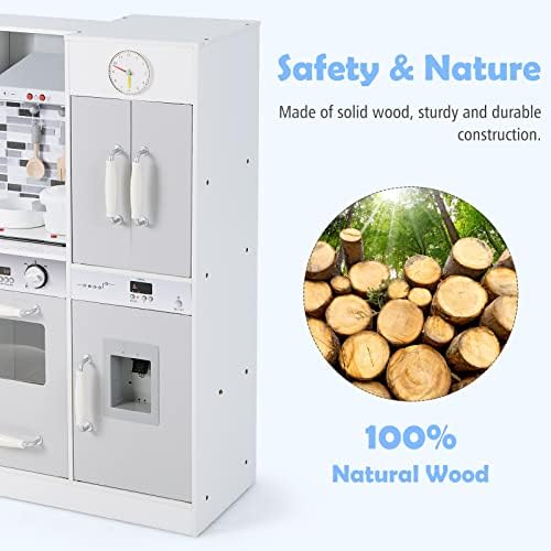 INFANS Kid Kitchen Playset  Toddler Wooden Pretend Cooking Set with Realistic Light & Sound  Stove  Sink  Microwave  Storage Cabinet  Play Kitchen Toy Set for Children Boys Girls