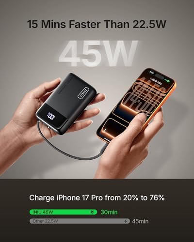 INIU 20000mAh Power Bank  Small 45W PD Fast Charging Portable Charger with Built in USB C Cable  Flight Safe Travel External Phone Battery Pack for iPhone 17 Pro Max Samsung S26 iPad etc  Black